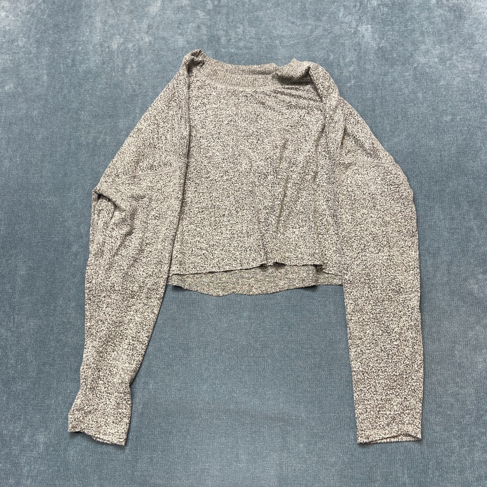 Lucky Brand Cropped Blouse Top Womens XL Gray Heather Knitted Crew Neck Pullover